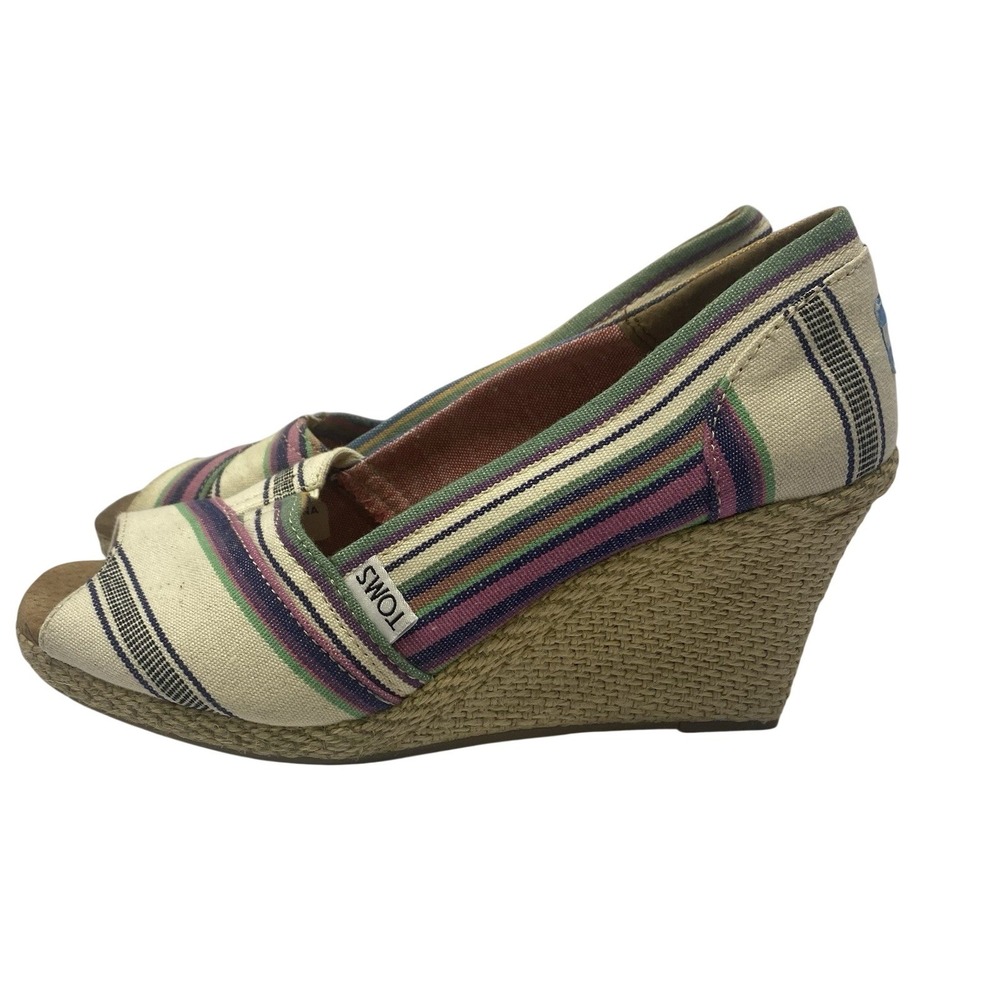 TOMS Striped Canvas Espadrille Wedge Sandals Womens 8 Multicolor Peep Toe Boho